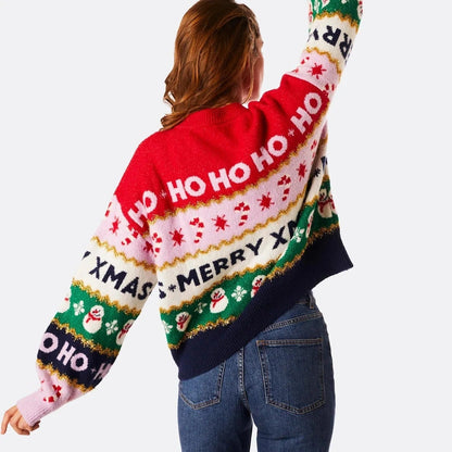Jersey de Navidad de punto para mujer – Jersey colorido con motivos de «Ho», «Merry Christmas» y copos de nieve