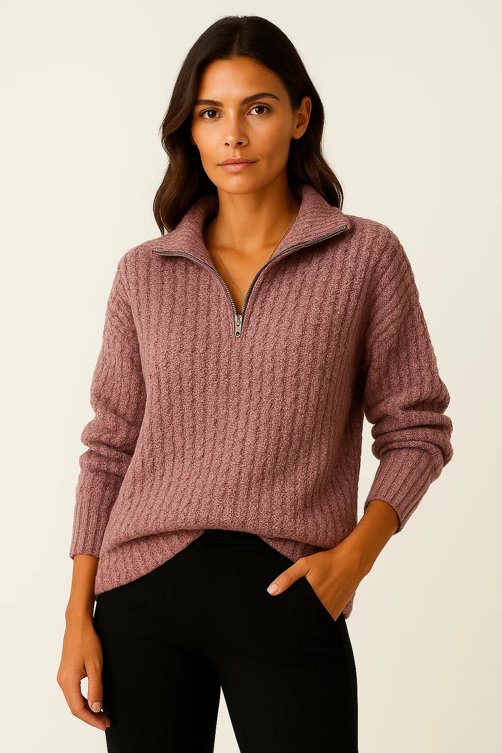 Jersey de punto acanalado con cuello alto y cremallera