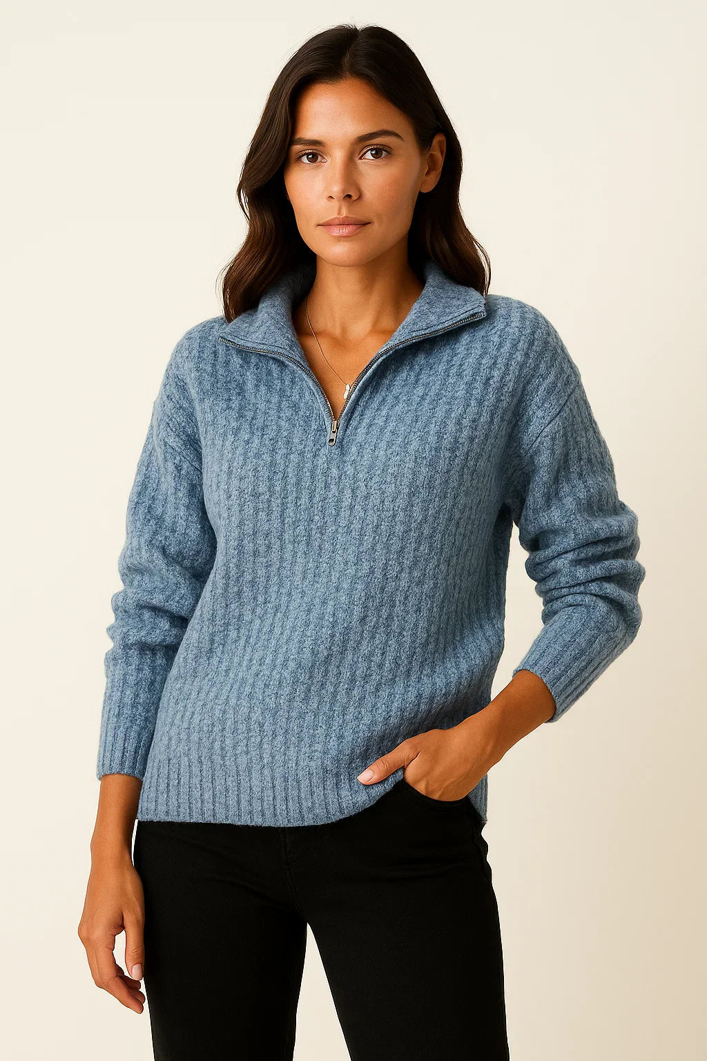 Jersey de punto acanalado con cuello alto y cremallera