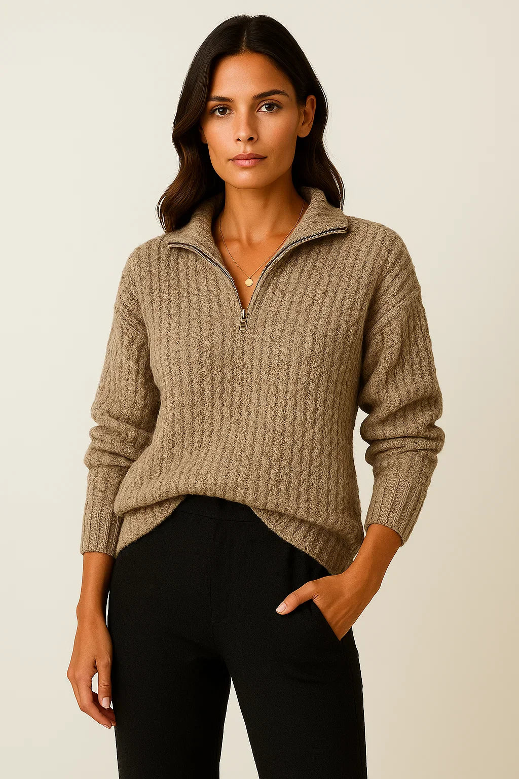 Jersey de punto acanalado con cuello alto y cremallera