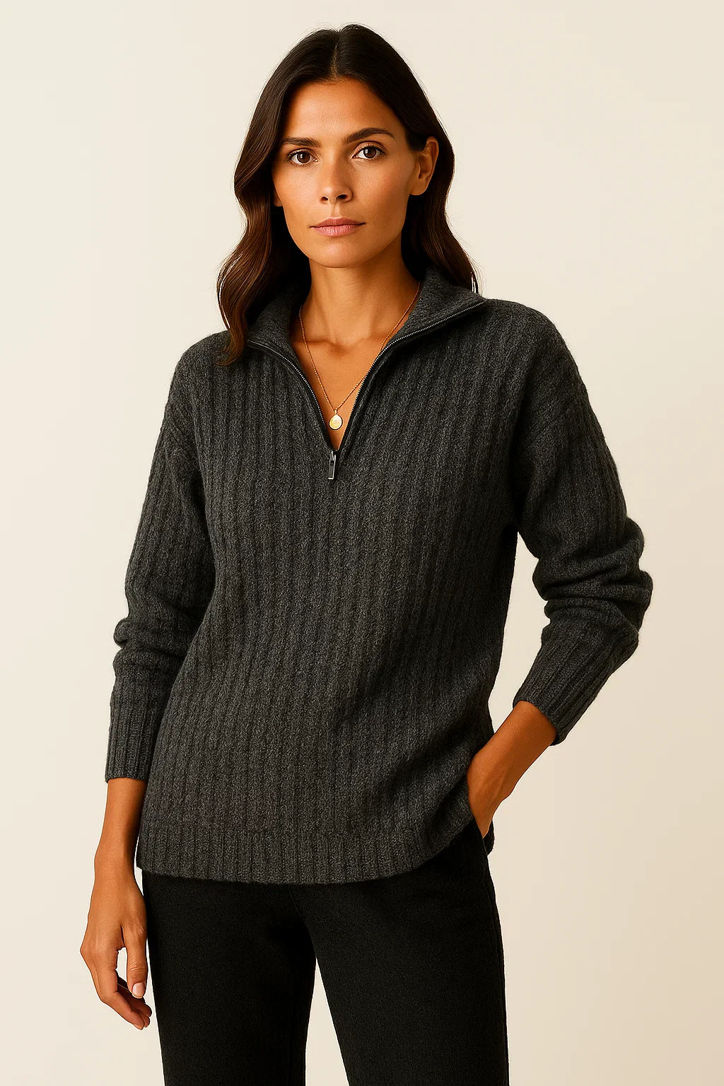 Jersey de punto acanalado con cuello alto y cremallera