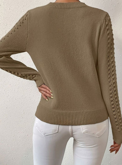 Jersey de punto calado con cuello redondo y manga larga para mujer