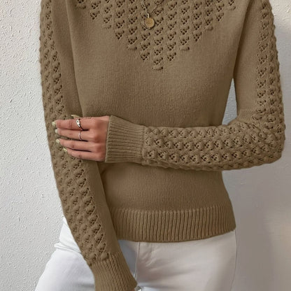 Jersey de punto calado con cuello redondo y manga larga para mujer