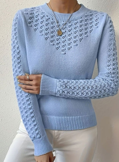 Jersey de punto calado con cuello redondo y manga larga para mujer