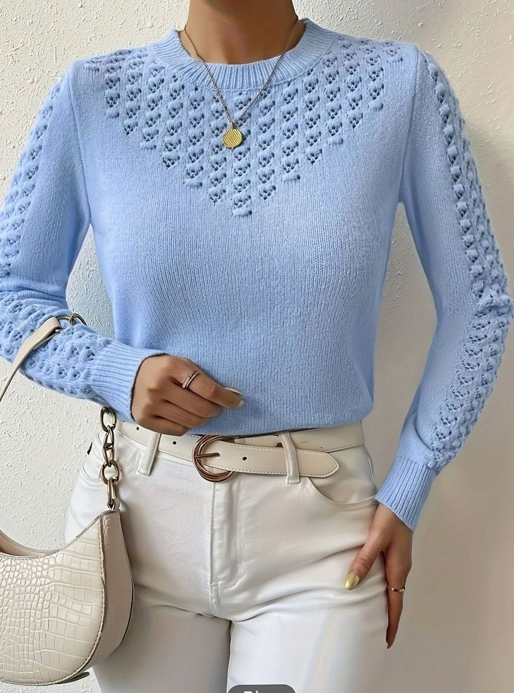 Jersey de punto calado con cuello redondo y manga larga para mujer