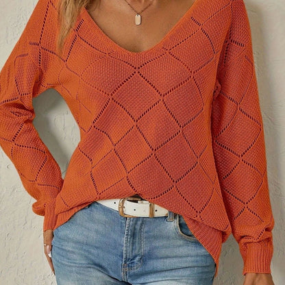 Jersey de punto calado con rombos y cuello en V de manga larga para mujer