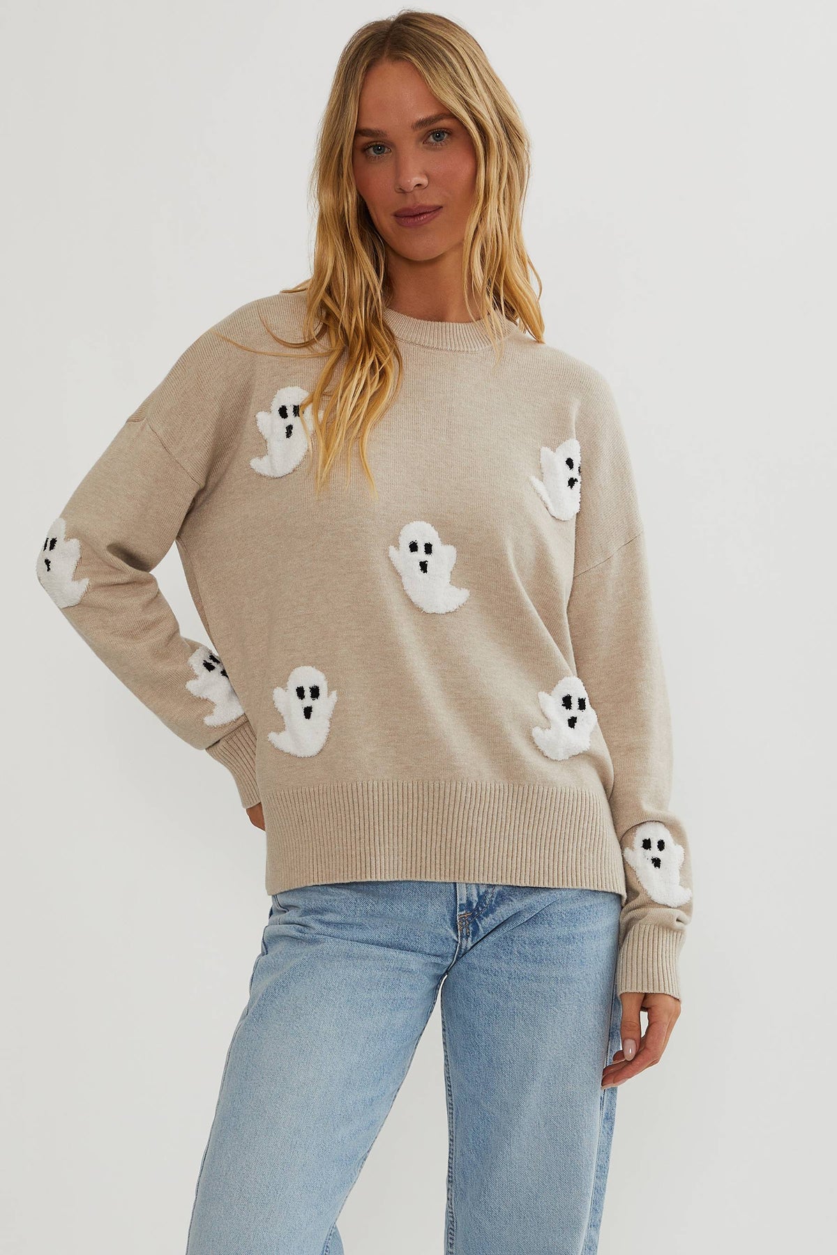Jersey de punto con apliques de fantasmas para mujer - Suéter cómodo de manga larga