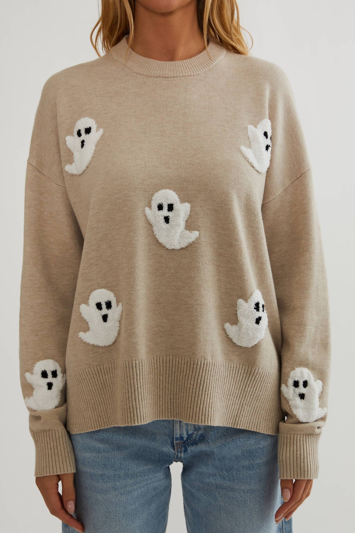 Jersey de punto con apliques de fantasmas para mujer - Suéter cómodo de manga larga