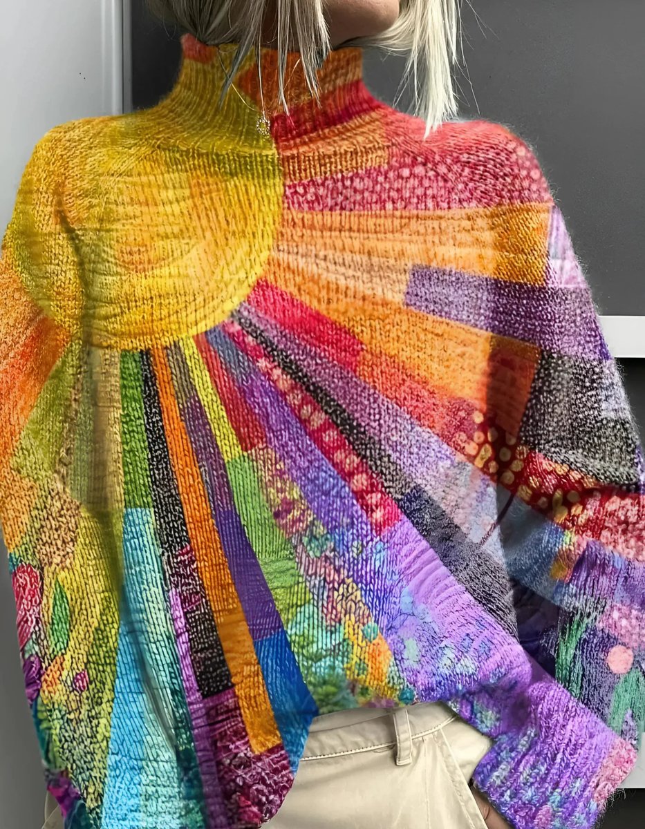 Jersey de punto de cuello alto para mujer con diseño de arcoíris y bloques de color