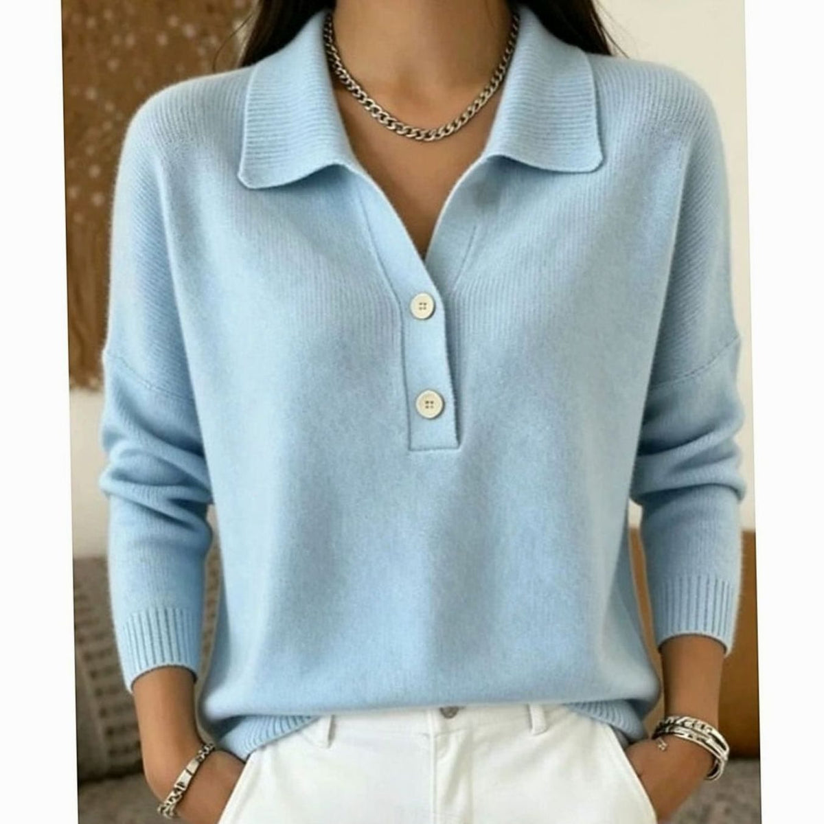 Jersey de punto para mujer con cuello y tapeta de botones