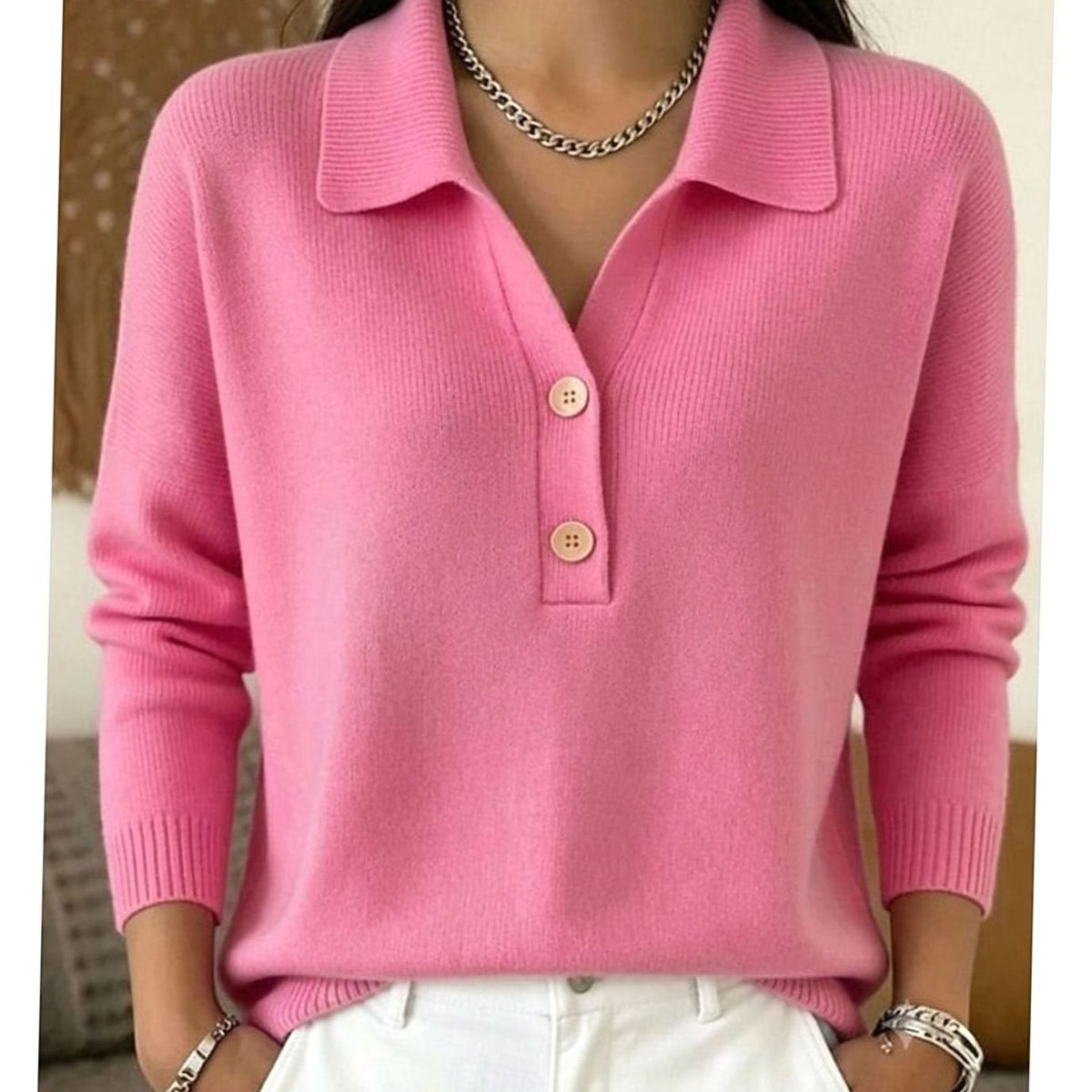 Jersey de punto para mujer con cuello y tapeta de botones