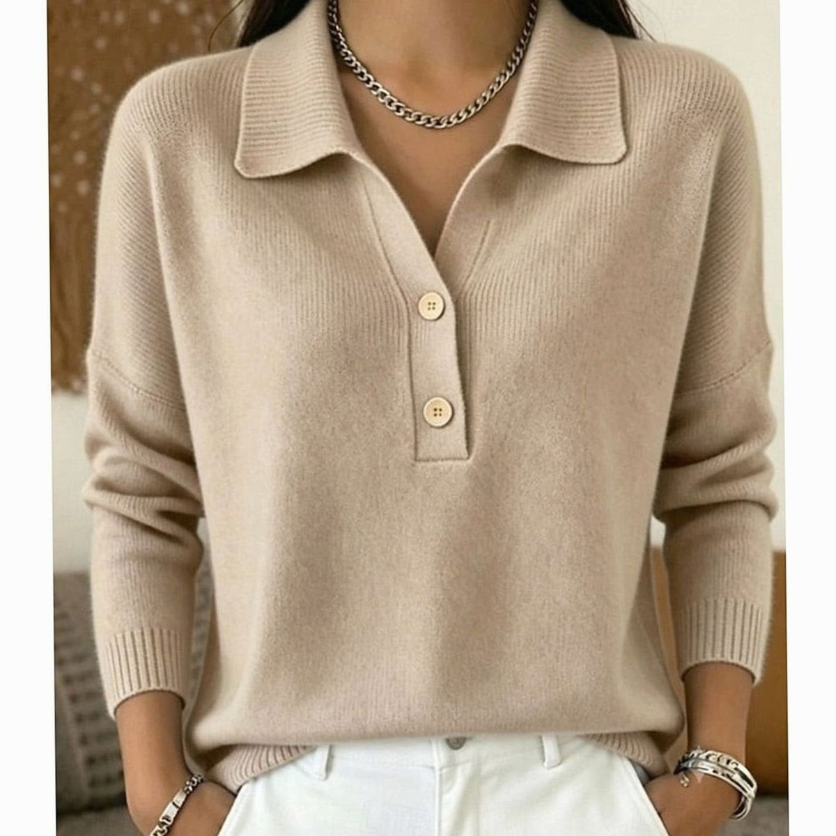 Jersey de punto para mujer con cuello y tapeta de botones