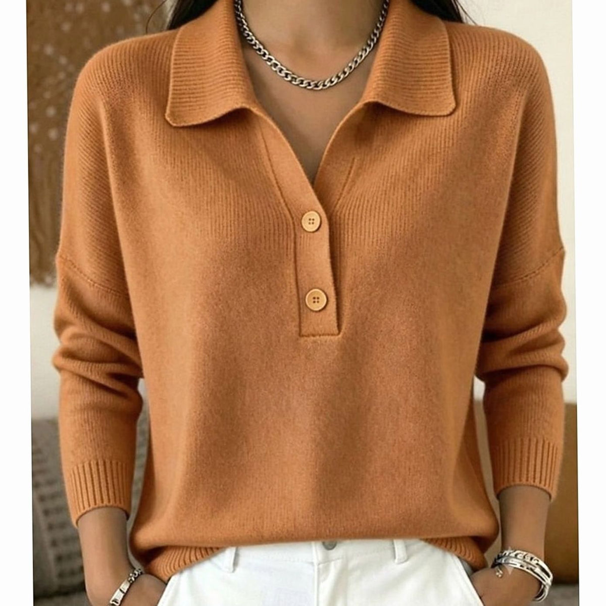 Jersey de punto para mujer con cuello y tapeta de botones