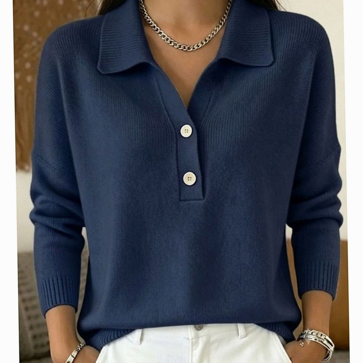 Jersey de punto para mujer con cuello y tapeta de botones