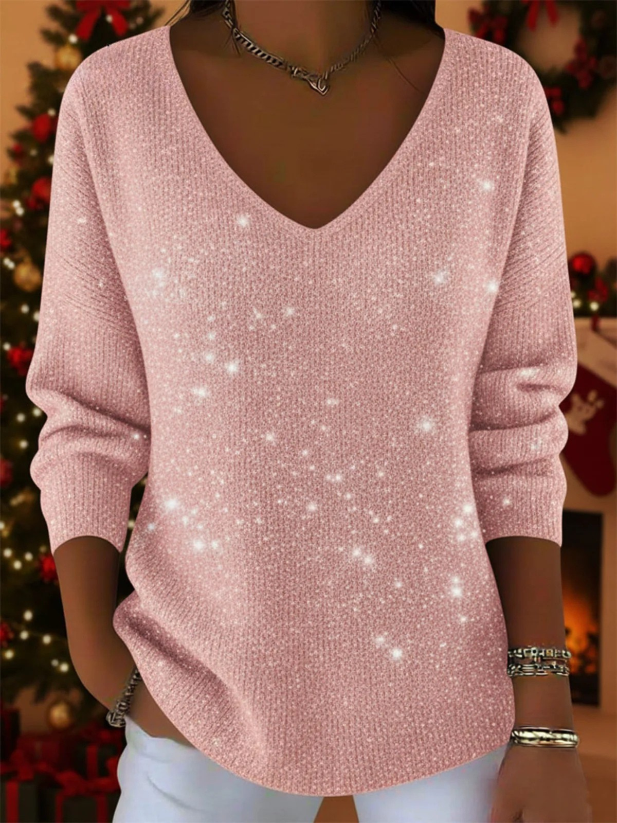 Jersey festivo con cuello en V para mujer – Elegante y cálido