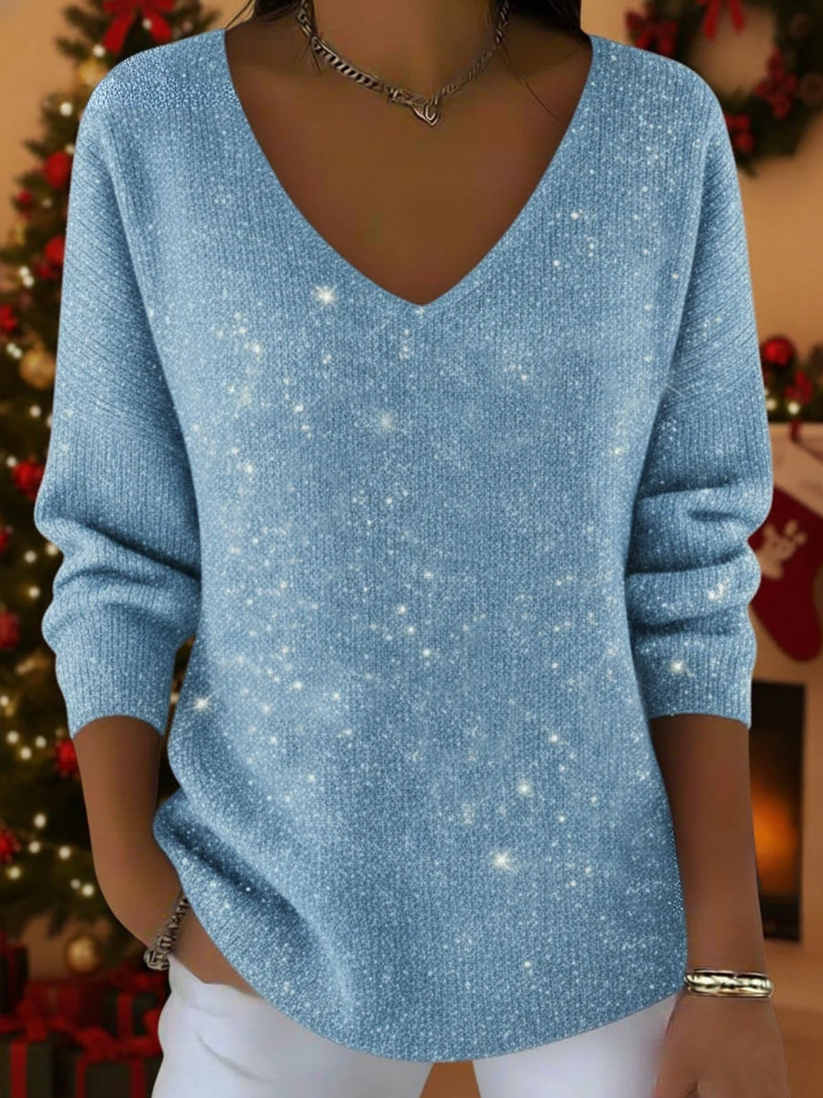 Jersey festivo con cuello en V para mujer – Elegante y cálido