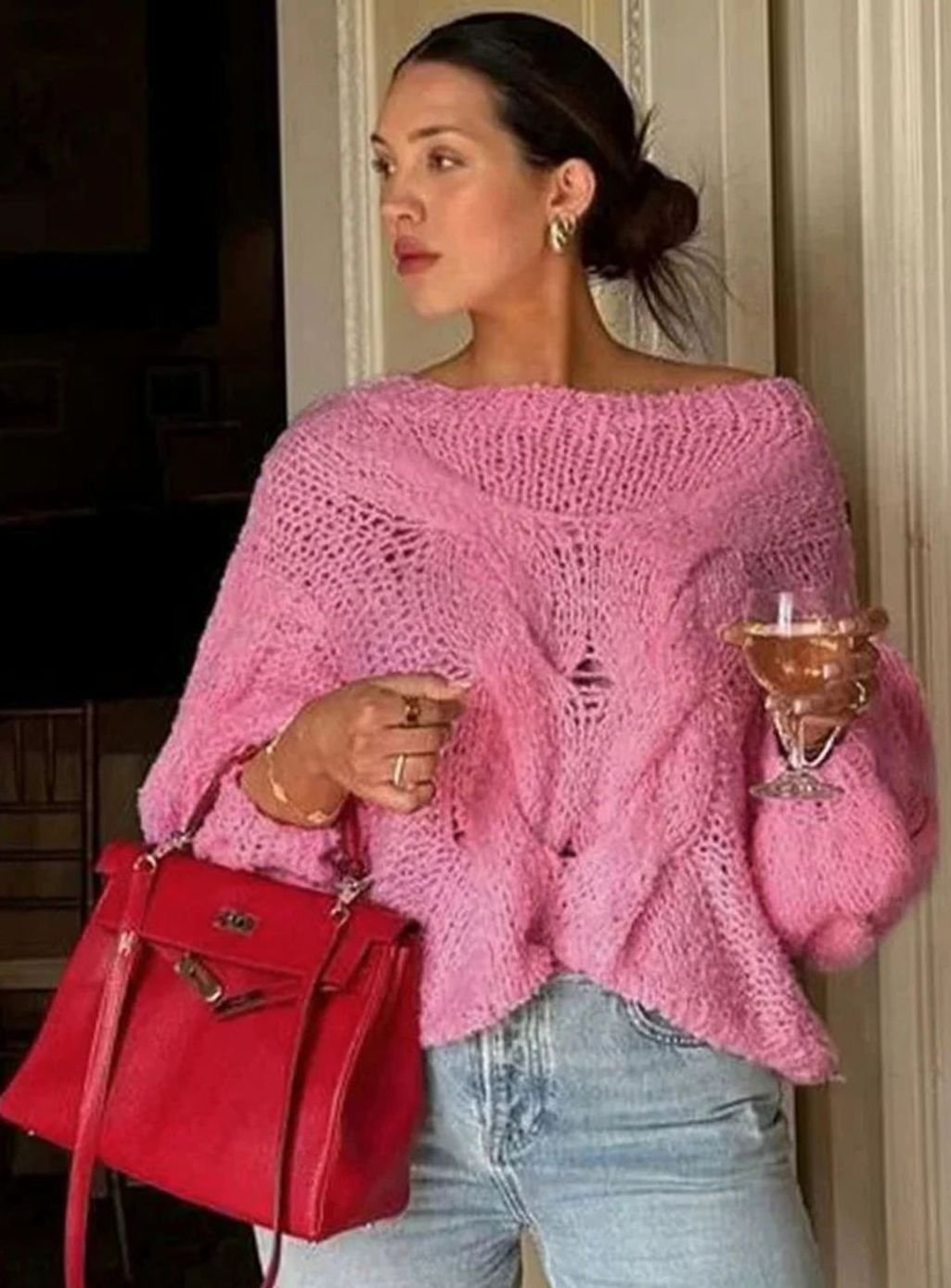 Jersey holgado de punto calado con hombros descubiertos para mujer