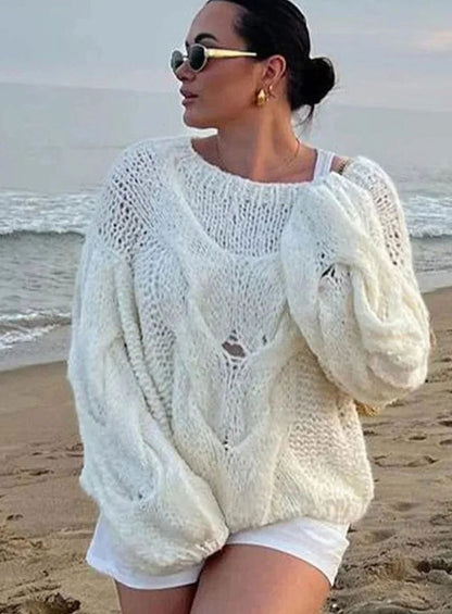 Jersey holgado de punto calado con hombros descubiertos para mujer