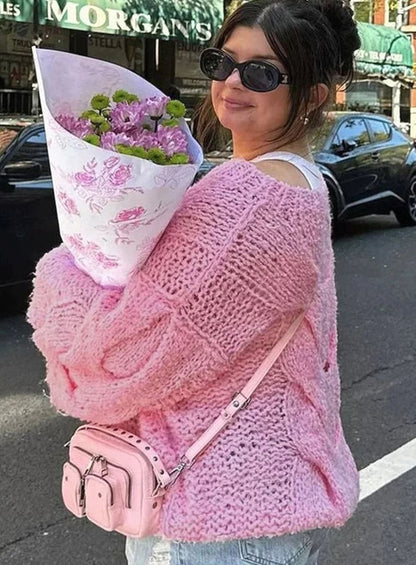 Jersey holgado de punto calado con hombros descubiertos para mujer