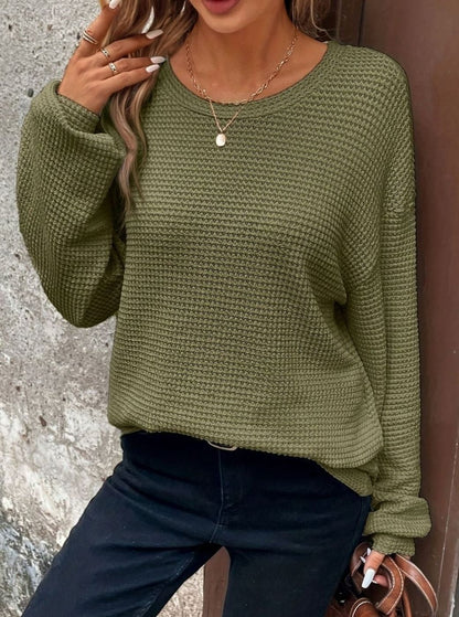 Jersey holgado de punto gofre con cuello redondo y hombros caídos para mujer