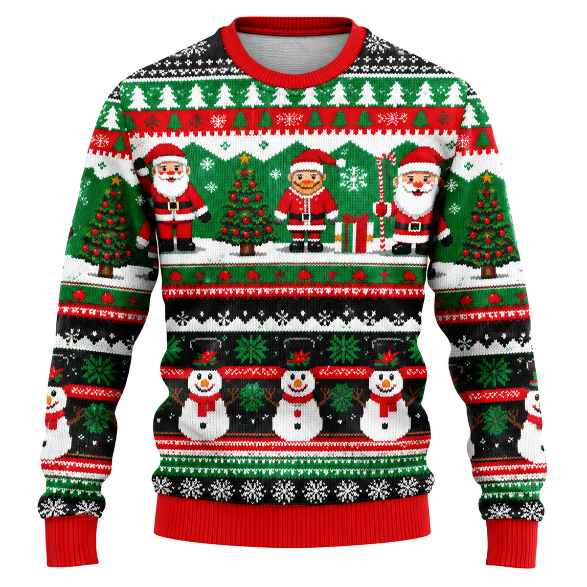 Jersey navideño para hombre con estampado de Papá Noel, muñeco de nieve y árboles nevados, cuello redondo, corte recto y puños acanalados
