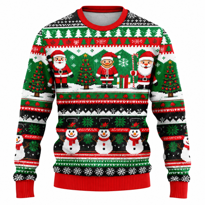 Jersey navideño para hombre con estampado de Papá Noel, muñeco de nieve y árboles nevados, cuello redondo, corte recto y puños acanalados