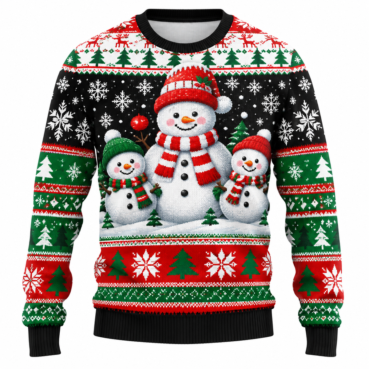 Jersey navideño para hombre con estampado de Papá Noel, muñeco de nieve y árboles nevados, cuello redondo, corte recto y puños acanalados