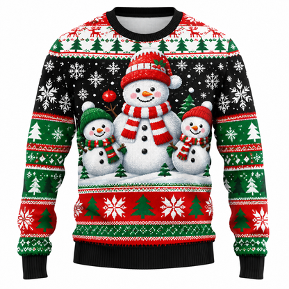 Jersey navideño para hombre con estampado de Papá Noel, muñeco de nieve y árboles nevados, cuello redondo, corte recto y puños acanalados