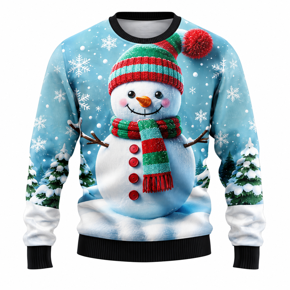 Jersey navideño para hombre con estampado de Papá Noel, muñeco de nieve y árboles nevados, cuello redondo, corte recto y puños acanalados