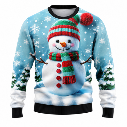 Jersey navideño para hombre con estampado de Papá Noel, muñeco de nieve y árboles nevados, cuello redondo, corte recto y puños acanalados