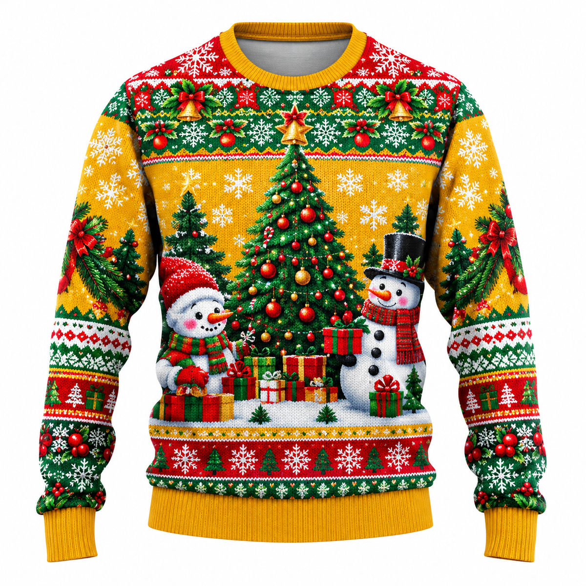 Jersey navideño para hombre con estampado de Papá Noel, muñeco de nieve y árboles nevados, cuello redondo, corte recto y puños acanalados