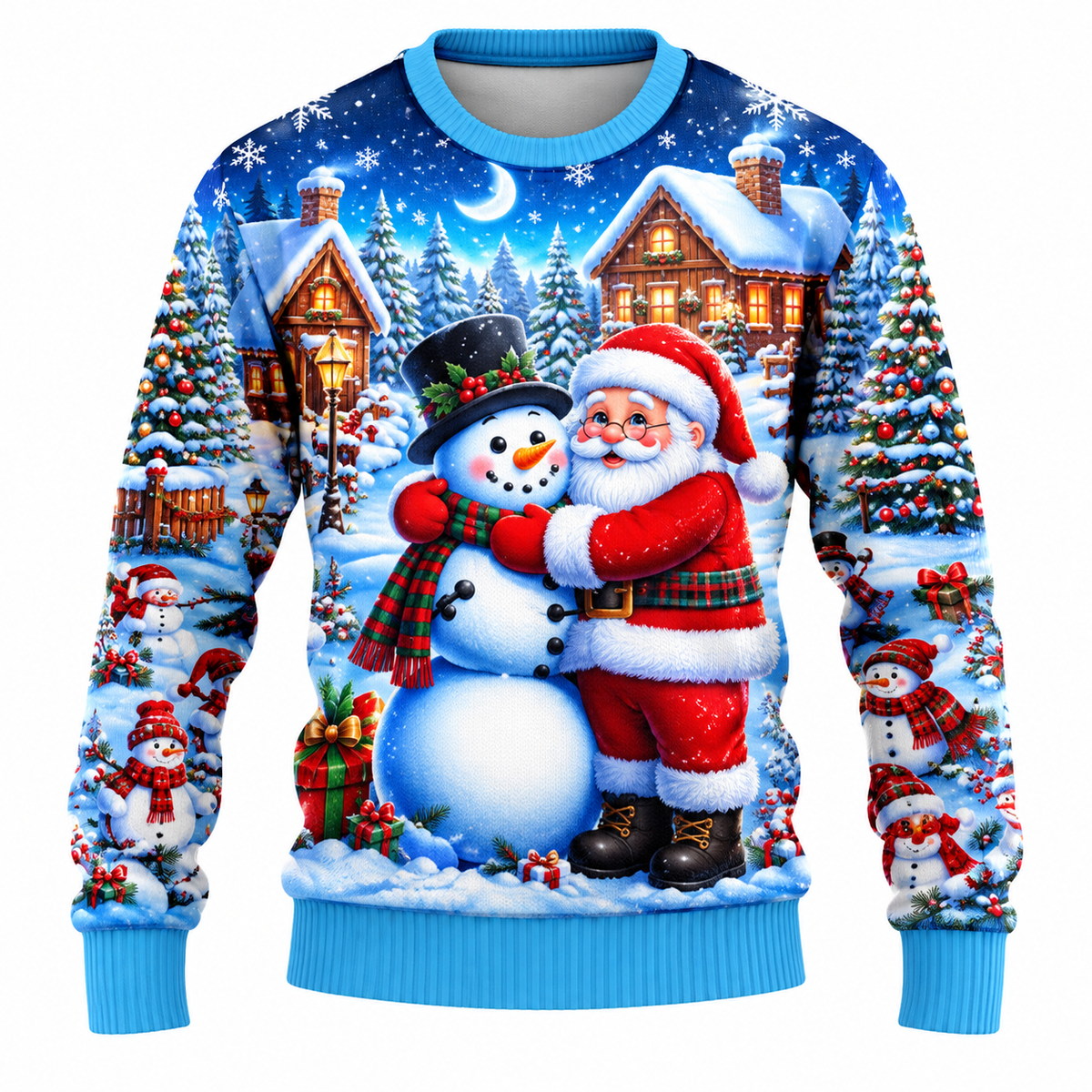 Jersey navideño para hombre con estampado de Papá Noel, muñeco de nieve y árboles nevados, cuello redondo, corte recto y puños acanalados