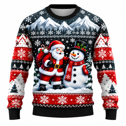 Jersey navideño para hombre con estampado de Papá Noel, muñeco de nieve y árboles nevados, cuello redondo, corte recto y puños acanalados