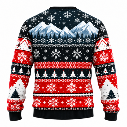 Jersey navideño para hombre con estampado de Papá Noel, muñeco de nieve y árboles nevados, cuello redondo, corte recto y puños acanalados