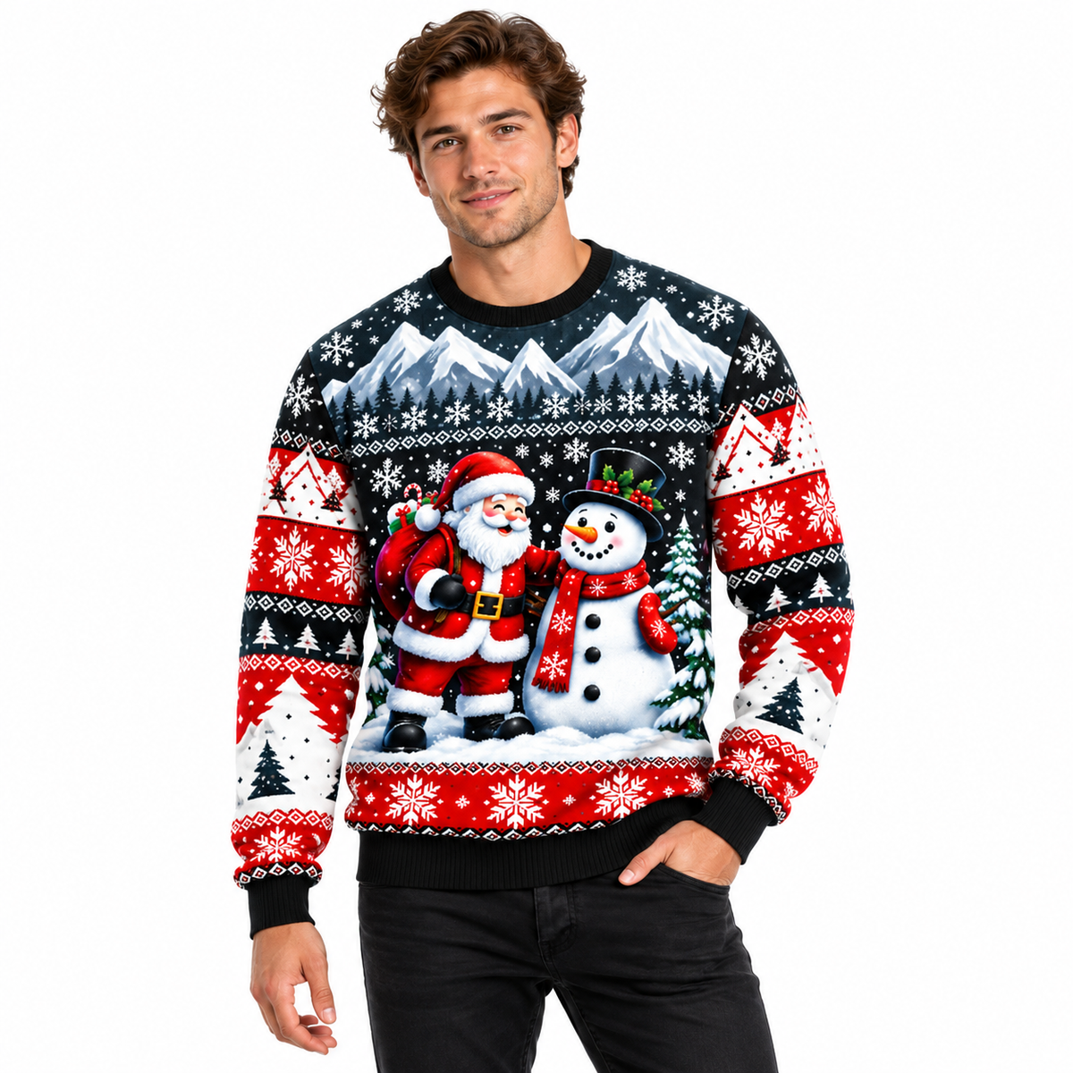 Jersey navideño para hombre con estampado de Papá Noel, muñeco de nieve y árboles nevados, cuello redondo, corte recto y puños acanalados