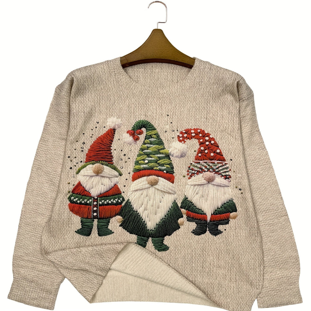 Jersey navideño para mujer con divertido diseño bordado de gnomos