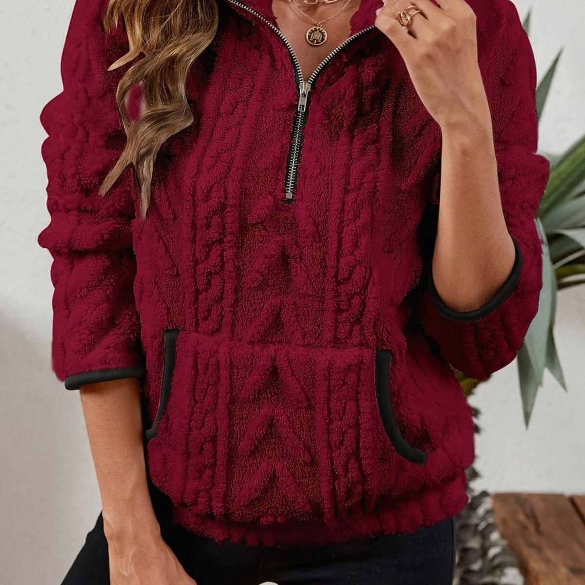 Jersey polar cálido para mujer con media cremallera y bolsillo canguro