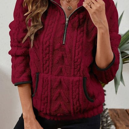Jersey polar cálido para mujer con media cremallera y bolsillo canguro
