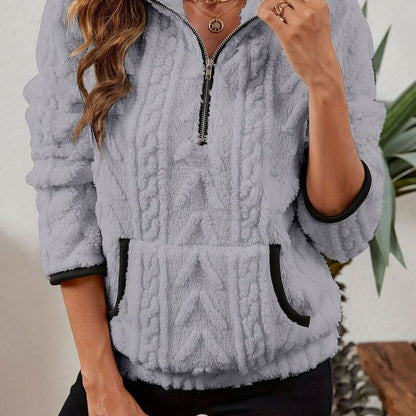 Jersey polar cálido para mujer con media cremallera y bolsillo canguro