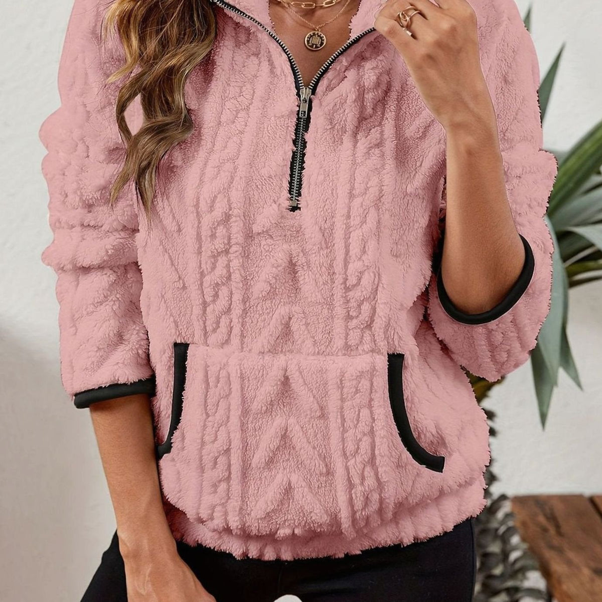 Jersey polar cálido para mujer con media cremallera y bolsillo canguro