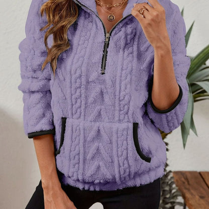 Jersey polar cálido para mujer con media cremallera y bolsillo canguro