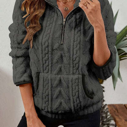 Jersey polar cálido para mujer con media cremallera y bolsillo canguro