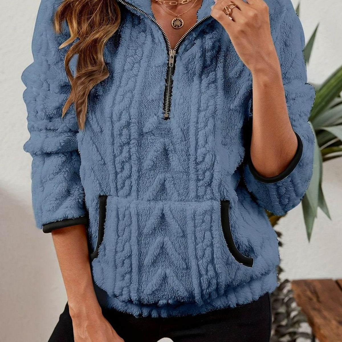Jersey polar cálido para mujer con media cremallera y bolsillo canguro
