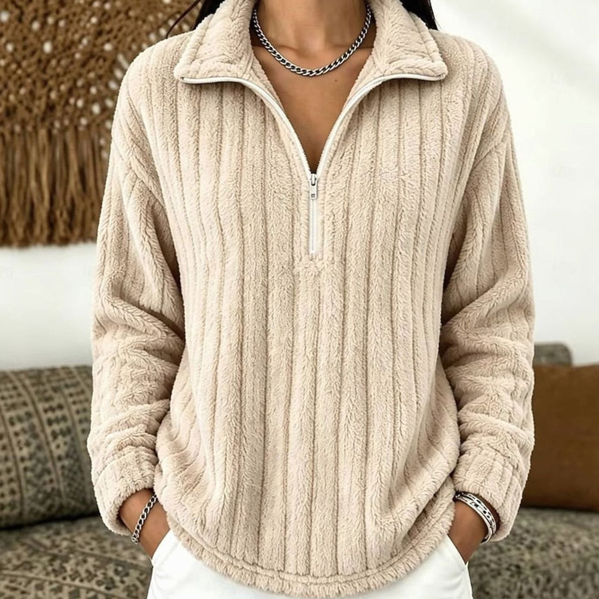 Jersey polar de felpa acanalada con media cremallera para mujer