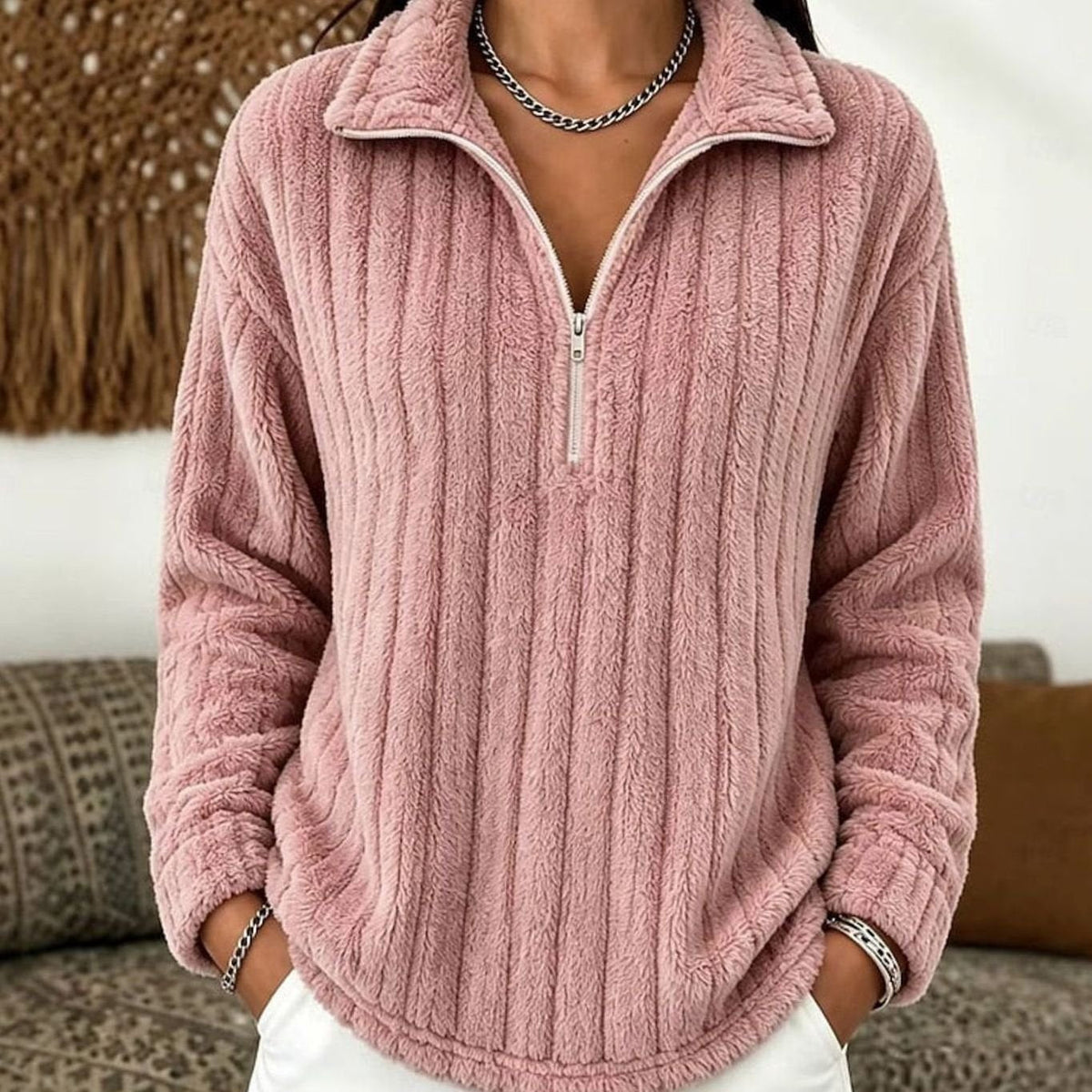 Jersey polar de felpa acanalada con media cremallera para mujer