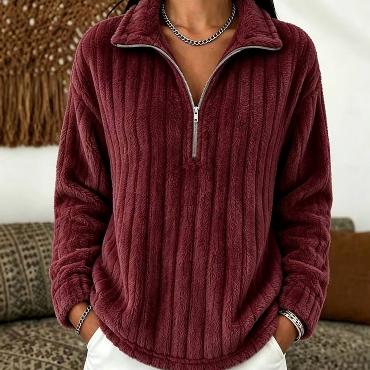 Jersey polar de felpa acanalada con media cremallera para mujer