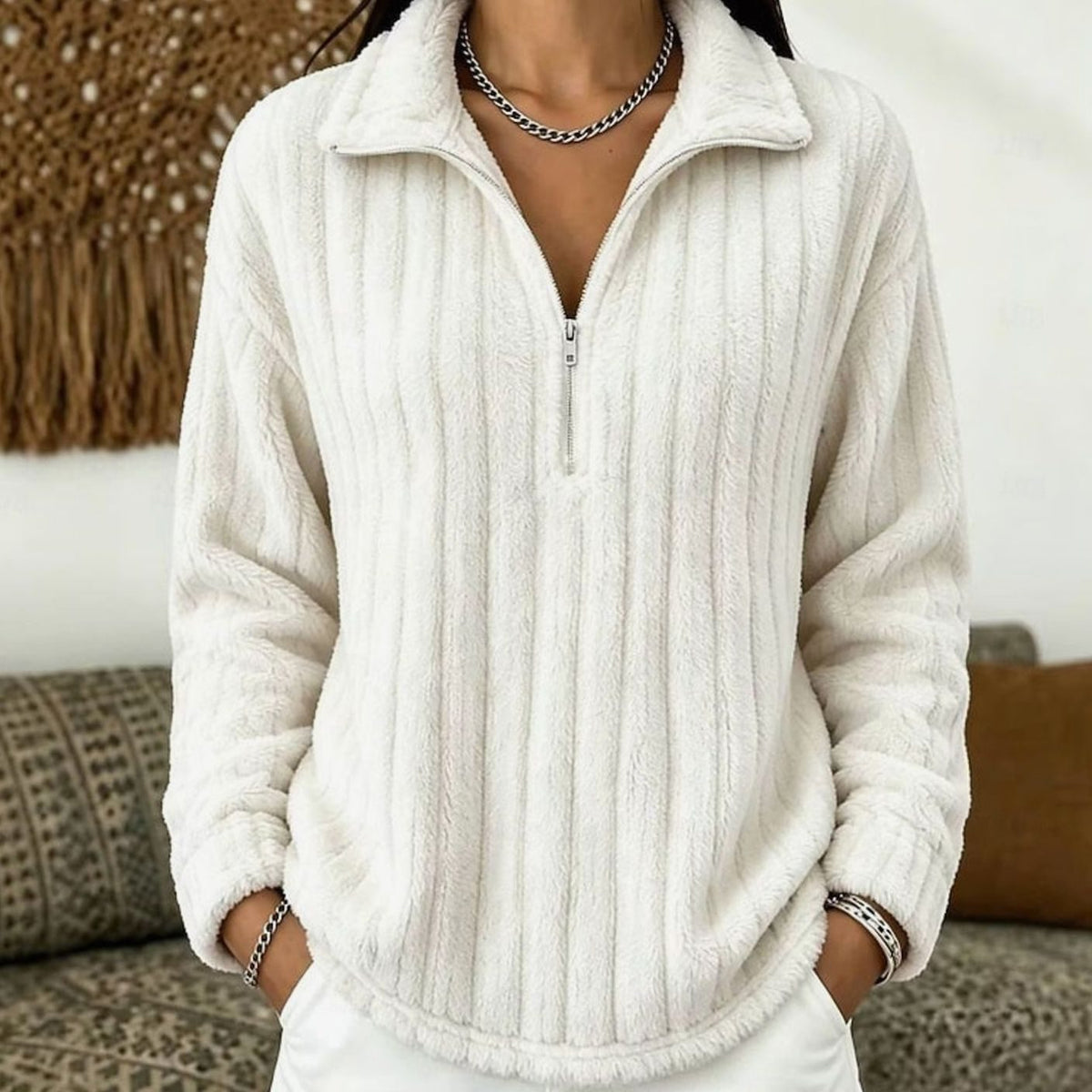 Jersey polar de felpa acanalada con media cremallera para mujer
