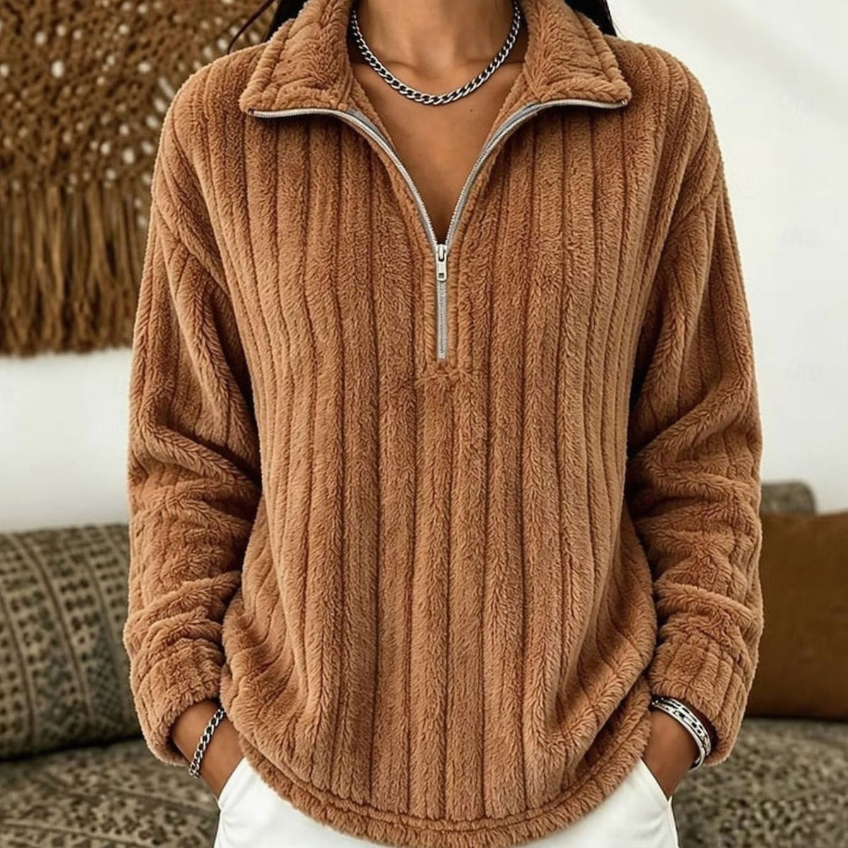 Jersey polar de felpa acanalada con media cremallera para mujer