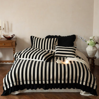 Juego de cama de algodón y lino a rayas con volantes y fundas de almohada