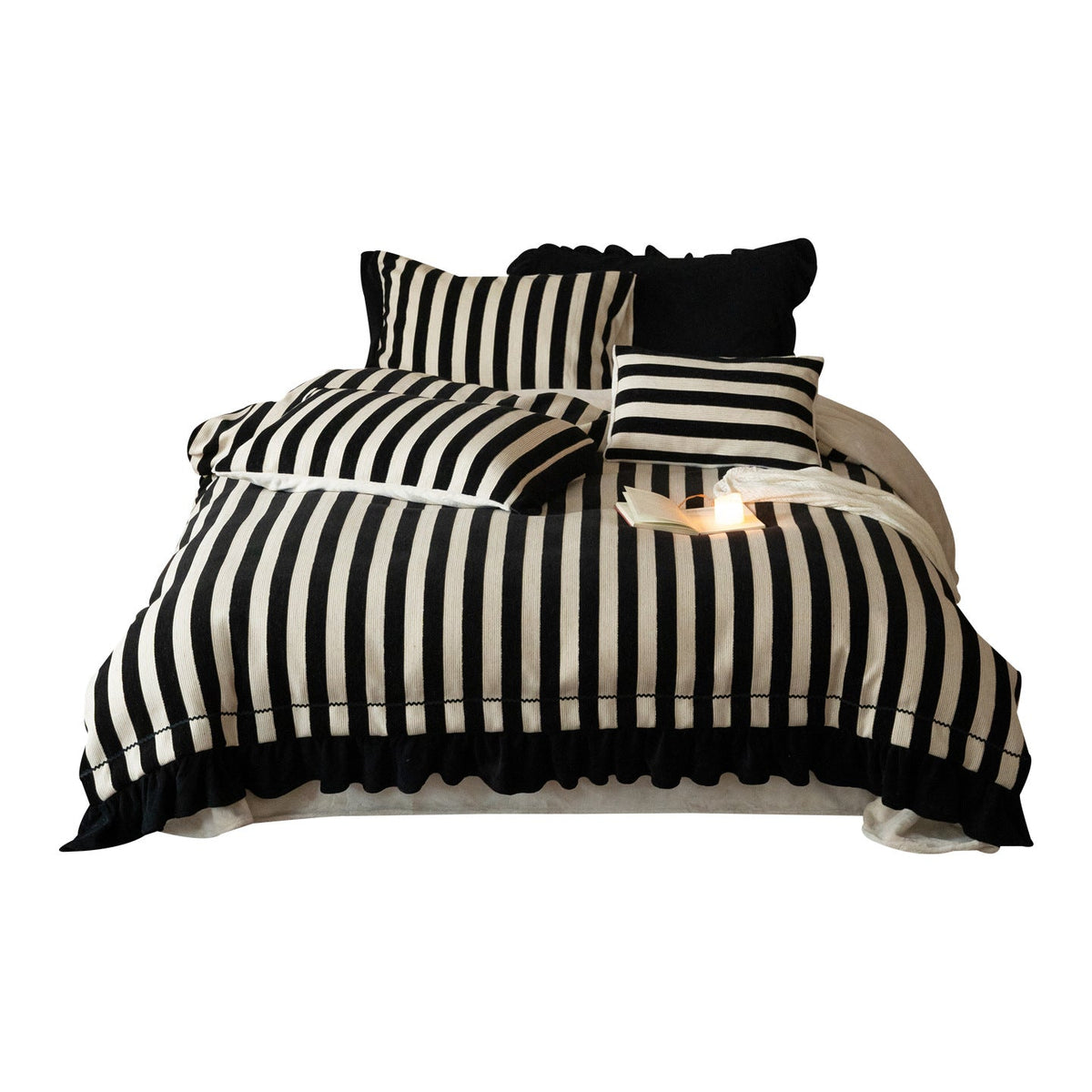Juego de cama de algodón y lino a rayas con volantes y fundas de almohada